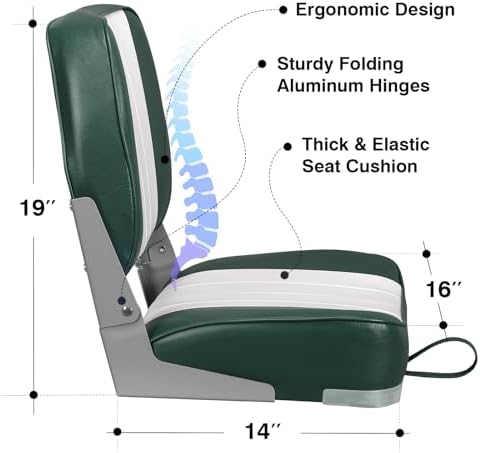 Leader Accessories Classic Low Back Folding Fishing Boat Seat Boat Chairs | Marine Boat Chairs With Thick Cushion, Aluminum Hinge, Use universal 5"x5" Mount, Fits Jon/Bass/Pontoon Boats