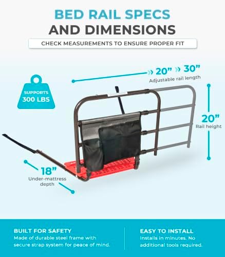 Stander EZ Adjust Bed Rail, Adjustable Senior Bedrail and Safety Assist Railing for Elderly Adults with Organizer Pouch
