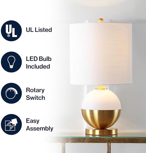 JONATHAN Y Carr Modern Table Lamp Ceramic Metal 23.5", White/Brass Gold | Contemporary Glam Nightstand Bedroom Desk Light, Linen Drum Shade, Silk Cord