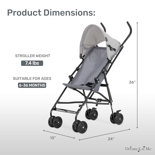 Dream On Me Aero Travel Umbrella Stroller, 1-Hand Fold, Lightweight, Black | 3 Point Safety Harness, Dual Brakes, Adjustable Removable Canopy, Sturdy Steel Frame, Compact, For Toddlers 6-36 months