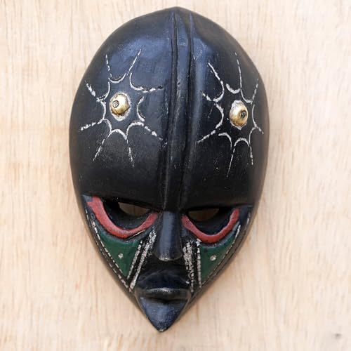 NOVICA Artisan Handcarved African Wood Mask Sese Wall from Ghana Black Multicolor Woodbrass Masks Ghanaian [5.75in H x 3in W x 1.4in D] ' Stellar