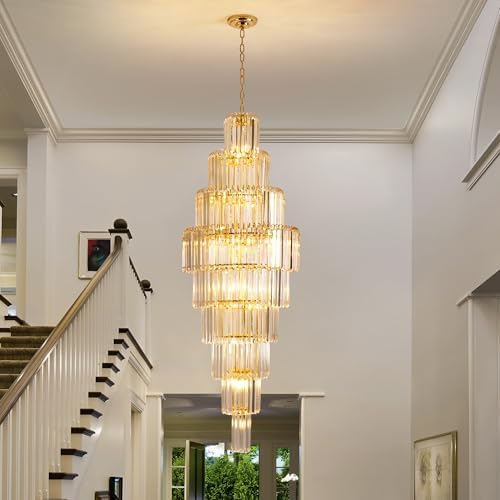 Luxury Modern Gold 9-Tier Crystal Chandelier for High Ceiling Foyer Staircase Large Entryway Light Fixture Dia23.7 20 Lights
