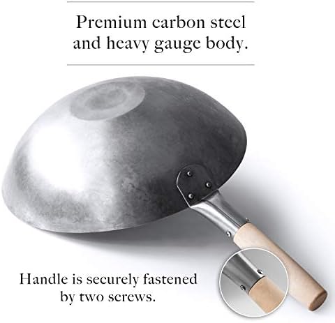 Flat Bottom Carbon Steel Wok Pan - Authentic Hand Hammered Woks and Stir Fry Pans - 14" Pow Wok