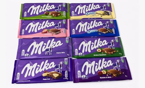 Milka European Chocolate Bars Variety Pack of 8 Full Size Bars, No Duplicate Chocolate
