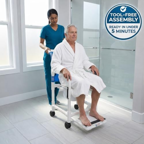 Rolling Shower Chair with Wheels & Drop Arms, Mesh Seat, 4 Locking Casters, Seat Belt, Sliding Footrest, Commode Pail – Fits Over Toilet