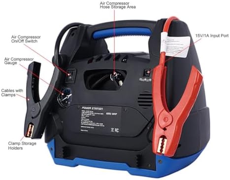 1800 Peak Amp Jump Starter with Air Compressor, 6-in-1 Portable Power Station, 12V AGM Battery Booster for Up to 8.0L Gas & 6.0L Diesel Engines