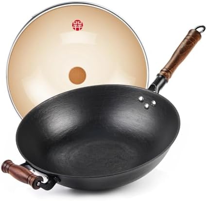 WANGYUANJI 12.6 Inch Cast Iron Wok with Wooden Lid, Handcrafted Flat Bottom Chinese Stir Fry Pan, Uncoated Heavy-Duty Iron Wok for Induction, Gas