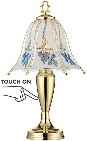 Polished Brass Flower Petal 15" Small Table Lamp Gold Touch 4-Way Glass Off | Etched Shade Art Traditional Cottage Floral Bedroom House Bedside Nightstand Home Office Living Room