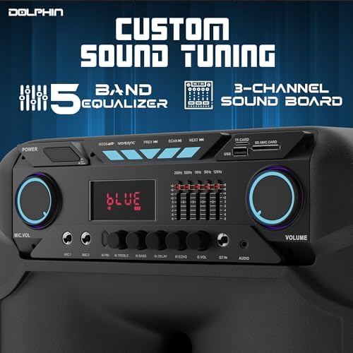 Dolphin Large Bluetooth Party Speaker with Wired Microphone, 15" Woofer | 140W Output, WaveSync Pairing, X-Bass, Digital EQ, USB, SD, FM & AUX Inputs