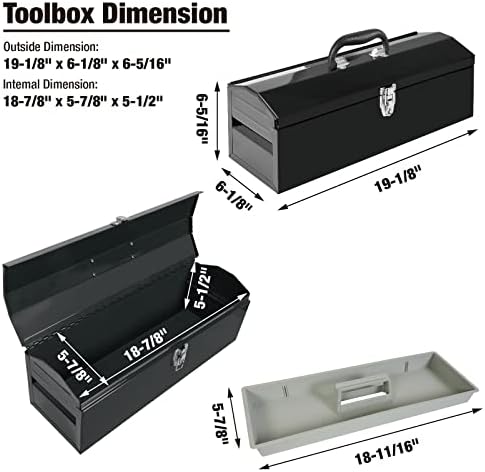 Torin ATB102B 16" Hip Roof Style Portable Steel Tool Box with Metal Latch Closure, Black