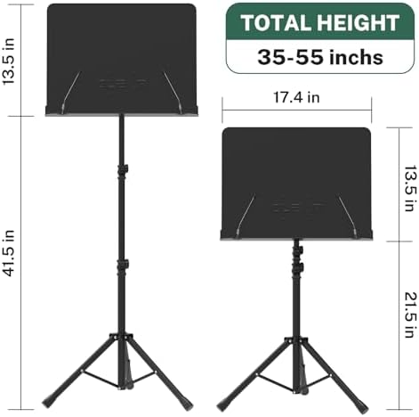 Sheet Music Stand - Full Metal with Carrying Bag, Phone Holder, Sheet Music Folder and Clip, 5 in 1 Desktop Book Stand - Black