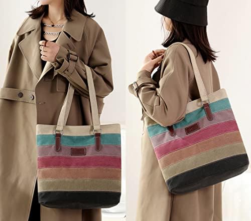 Canvas Handbag Multi-Color Striped Lattice Cross Body Shoulder Purse Bag Tote-Handbag for Women