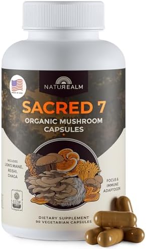 Sacred 7 Brain Mushroom Powder, Organic 7-in-1 Blend 226 Servings | Seven fruiting body extracts, lions mane cordyceps reishi, stirs into coffee or smoothies, 1000 mg scoop