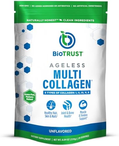 BioTrust Multi Collagen Peptides Unflavored Powder - Hydrolyzed, Grass Fed | 5 collagen types (I, II, III, V & X) from grass fed beef, fish, chicken & eggshell membrane with protein support