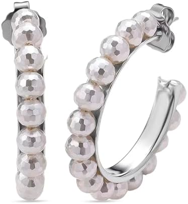 Shop LC Faceted White Shell Pearl Hoop Earrings in Stainless Steel