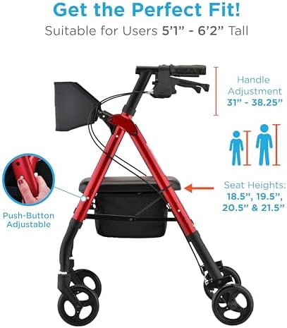 NOVA Star 6 Foldable Rollator Walker for Seniors, Wide Padded Backrest with Seat, 6” All-Terrain Wheels, Easy-Grip Locking Hand Brakes, Height Adjustable, Blue