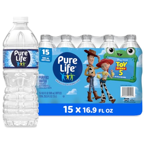 Pure Life Purified Bottled Water, 15 Pack - Still Drinking Water Enhanced with Minerals for a Crisp Taste - 16.9 Fl Oz - Toy Story 5 Packaging Graphics