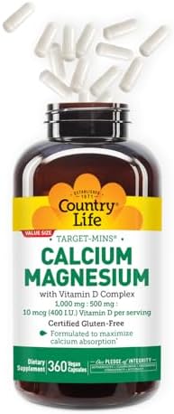 Country Life Target-Mins Calcium Magnesium with Vitamin D, 240 Capsules | 1,000 mg calcium, 500 mg magnesium and 10 mcg vitamin D per serving for bone health and calcium absorption