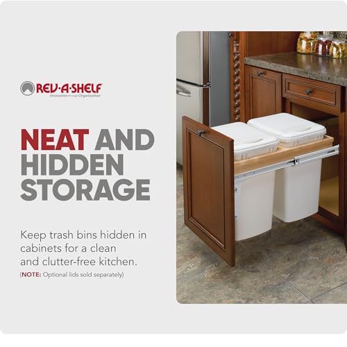 Rev-A-Shelf 35 Qt Top Mount Double Pullout Under Cabinet Kitchen Trash Cans for Base Cabinets, 150 Pound Rated Full-Extension Slides, Min Opening Width of 14.5", White, 4WCTM-18DM2-175