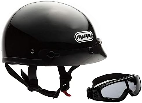 MMG Adult Half Shell Helmet, Motorcycle/Scooter/Moped, Matte Gray, Medium | Lightweight Polycarbonate/ABS half shell, goggles included. Padded washable liner, double D-ring strap. DOT FMVSS-218.