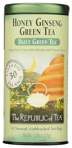 The Republic of Tea Daily Green Honey Ginseng Green Tea, 50 Count | Low Caffeine. A gentle cup for everyday sipping. Fresh with light vegetal notes. Gluten Free and Carb Free.