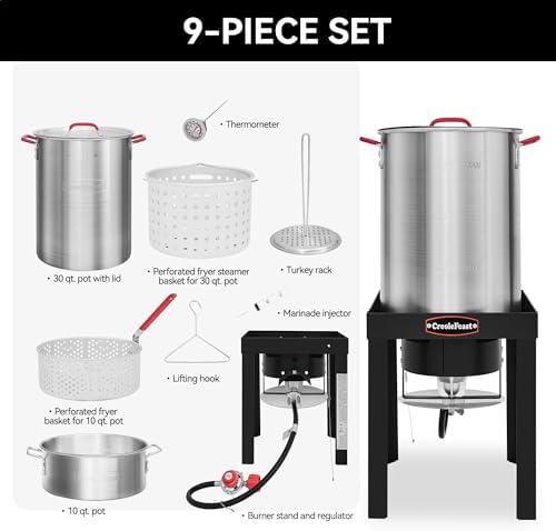 CreoleFeast TFS3010 Propane 30 Qt. Turkey and 10 Qt. Fish Fryer Boiler Steamer Set, 50,000 BTU Burner, Ideal for Outdoor Cooking