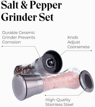 Willow & Everett Salt & Pepper Grinder Set with Stand - Stainless Steel Manual Mills & Holder with Adjustable Coarseness