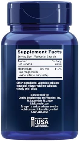 Life Extension Magnesium Caps, 500 mg, Magnesium Oxide, Citrate, and Succinate, Heart Health, Healthy Bones, Metabolism Support, 100 Vegetarian Capsules | Magnesium Oxide, Citrate & Succinate Blend for Heart Health, Healthy Bones & Metabolism, 100 Vegeta…