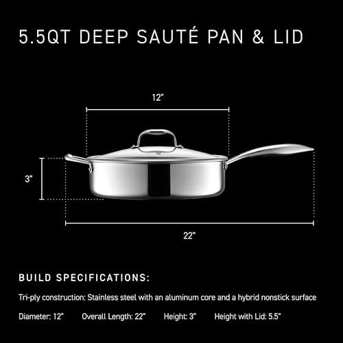 HexClad 4.5 Qt Hybrid Nonstick Deep Sauté Frying Pan & Lid, Induction Ready | Stay-Cool Handles, Dishwasher and Oven Safe up to 900°F, Compatible with All Cooktops