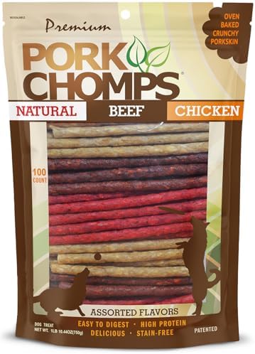 Pork Chomps Dog Chews, 5 in Munchy Sticks, Assorted Flavors, 50 Count | Oven-baked from real pork skin - a rawhide-free chew that's low in fat, high in protein, and easy to digest