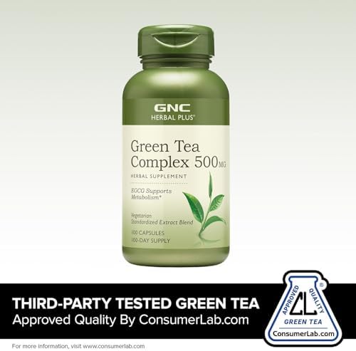 GNC Herbal Plus Green Tea Complex 500mg Supplement, Vegetarian, Supports Metabolism, 100 Servings