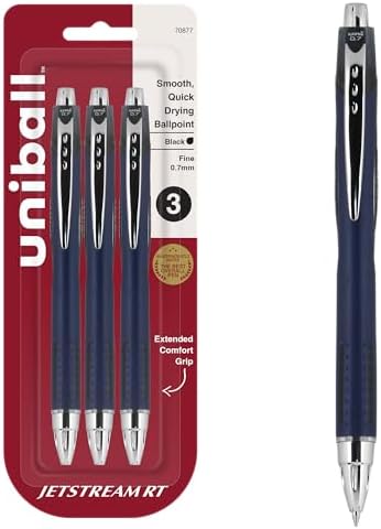 uniball™ Jetstream RT Ballpoint Pens, Black Ink, 0.7mm Fine Point, 3 Count | Retractable, Smooth Writing, Quick-Drying, Smear-Resistant, uni Super Ink™