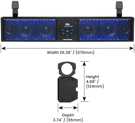 BOSS Audio Systems BRT26RGB IPX5 Weatherproof Bluetooth ATV Sound Bar - 26 Inches Wide, 4 inch Speakers, Tweeters, Amplified, Multicolor Illumination