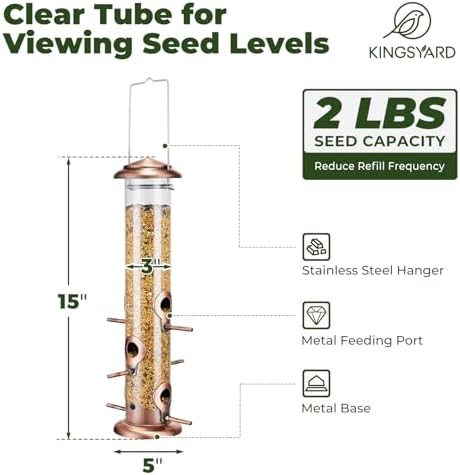 Kingsyard Metal Tube Bird Feeders for Outdoors Hanging | 6-Port with 360° Feeding, No-Spill Design, 2 lb Seed Capacity, Attracts Finches & Songbirds