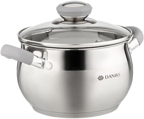 Daniks Modern 4 Quart Stainless Steel Stock Pot with Glass Lid, Tri-Ply Bottom for Even Heating, Induction Compatible, Dishwasher Safe