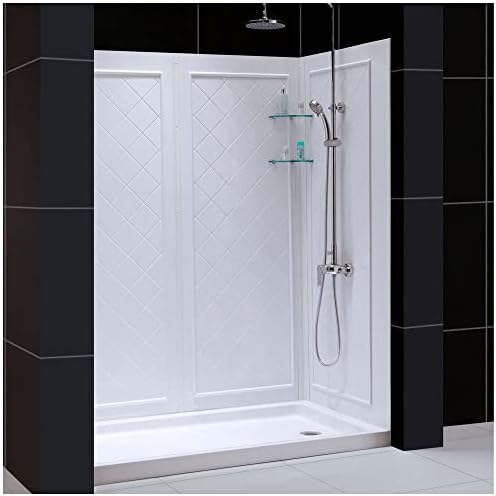 DreamLine 32 in. D x 60 in. W x 76 3/4 in. H Left Drain Acrylic Shower Base and QWALL-5 Backwall Kit In White, DL-6190L-01