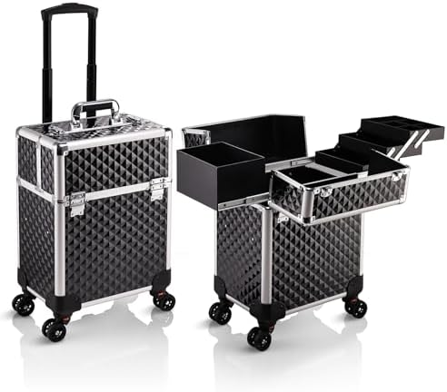 Stagiant Rolling Makeup Train Case Large Storage Cosmetic Trolley 4 Tray with Sliding Rail Removable Middle Layer with Key Swivel Wheels Salon