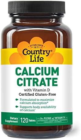 Country Life Calcium Citrate with Vitamin D – 500mg – Highly Absorbable Calcium Supplement – Certified Gluten Free, Vegan, Halal, Non-GMO – 120 Tablets