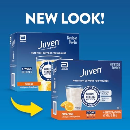 Juven Therapeutic Nutrition Drink Powder Including Collagen Peptides, Amino Acids, and HMB for Wound Healing Support, Orange, 48 Packets