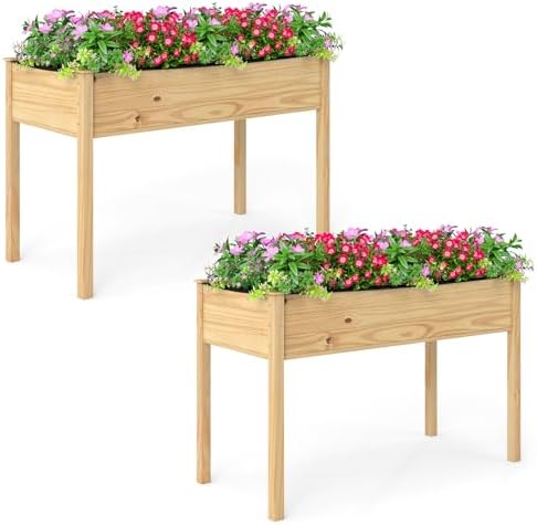 GIANTEX Raised Garden Bed on Wheels, Wood Planter Box with Legs, Liner, Drain Holes, Elevated Garden Bed for Vegetables