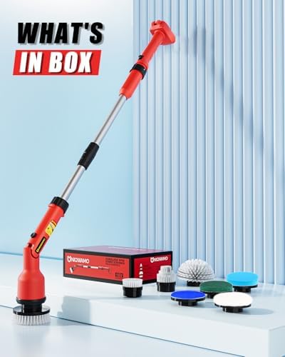 Uniqwamo Electric Spin Scrubber Compatible for Milwaukee 18V Battery | 1000 RPM Battery Powered Scrubber with Adjustable Extension Arm & 8 Brushes &