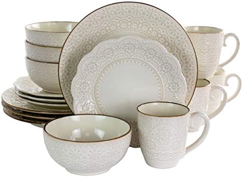 Elama Embossed Scalloped Stoneware Dinnerware Dish Set, 16 Piece, Ivory