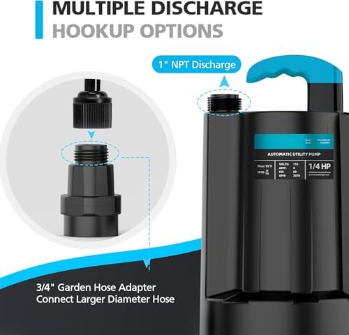 LEO 1/3 HP Automatic Sump Pump, 2250GPH Submersible Utility Pump, 10ft Cord | Water Pump with 3/4” Garden Hose Check Valve Adapter, Water Removal for Pool Draining Basement Hot Tubs Garden