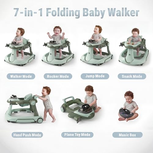 7 in 1 Foldable Baby Walker, Rock/Push Mode/Activity Center, Green | Adjustable Height & Speed, Music, Lights, Footrest, Detachable Play Toy Panel, Walker with Wheels for Infants 7-18 Months