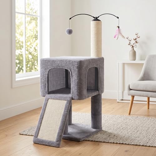 32" Cat Tree for Indoor Cats, 2-in-1 Cat House with Sisal Scratching Post & Ramp, 2-Level Cat Tower with Rotatable Feather & Ball Toys, Stable Grey Cat Condo for Small/Medium Cats, Grey
