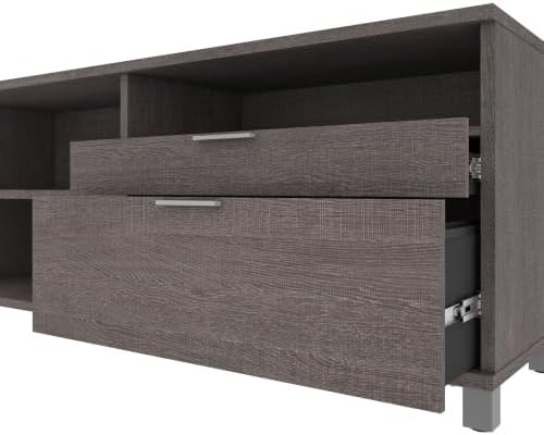 Bestar Pro-Linea 72W U-Shaped Executive Desk in Bark Grey | With Desk Shell, Credenza, Desk Bridge; for home or professional office use; 1 file drawer, 1 box drawer; Wood construction
