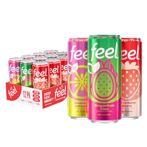 FEEL Variety Pack – Zero Sugar Sparkling Energy Drink – 3 Flavor Assortment, 140mg Plant-Based Caffeine from Green Coffee Beans + L-Theanine – Vitamin C, Vegan, Non-GMO – 12 Pack (12 Fl Oz Cans)