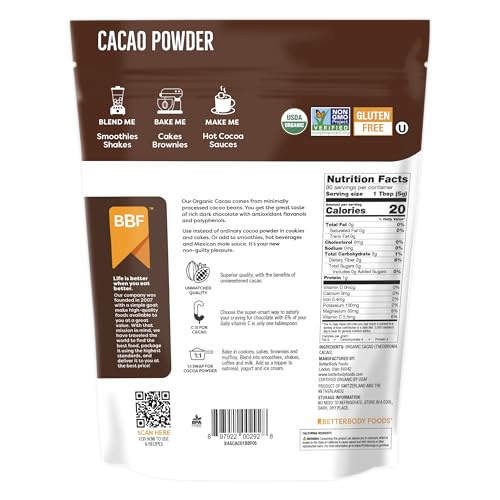 BetterBody Foods Organic Cacao Powder, Rich Chocolate Flavor, Non-GMO, Gluten-Free, Cocoa, 16 ounce, 1 lb bag