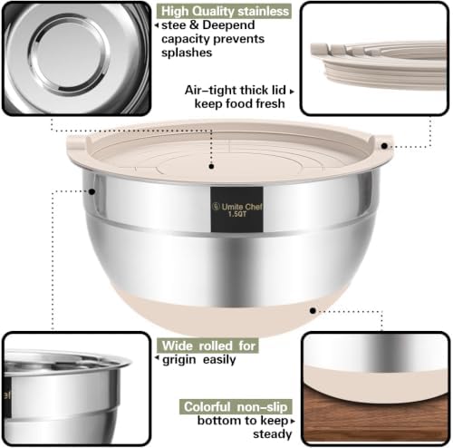Umite Chef Mixing Bowls with Airtight Lids, 6 Piece Stainless Steel Metal Bowls, Measurement Marks & Colorful Non-Slip Bottoms Size 7, 3.5, 2.5, 2.0,1.5, 1QT, Great for Mixing & Serving