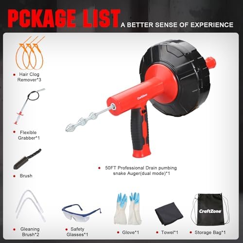 Drain Auger 33 Ft with Easy Cable Rewind System, Plumbing Snake with Drill Adapter, 2026 Upgraded Flexible Spring Steel Drain Cleaner for Kitchen